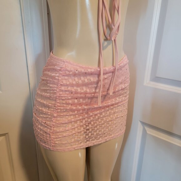 Sheer Rhinestone and Waffle Knit Pink Bikini Top and Mini Skirt or Cover Up - Picture 5 of 12